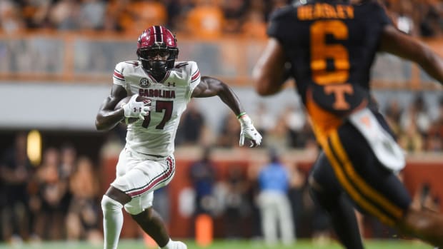 South Carolina wide receiver Xavier Legette (17) with the ball during an NCAA college football game between Tennessee and South Carolina in Knoxville, Tenn., on Saturday, Sept. 30, 2023.  